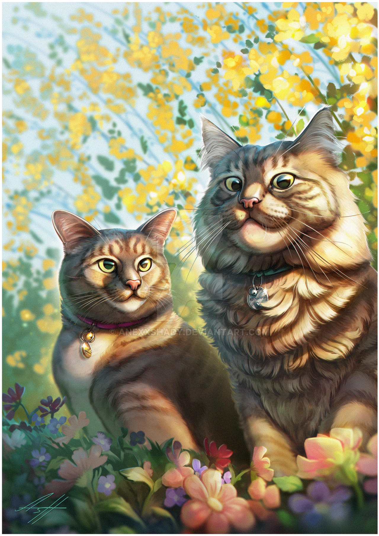 Painted portrait of Reinhardt and Sasha, two dogs surrounded by flowers.